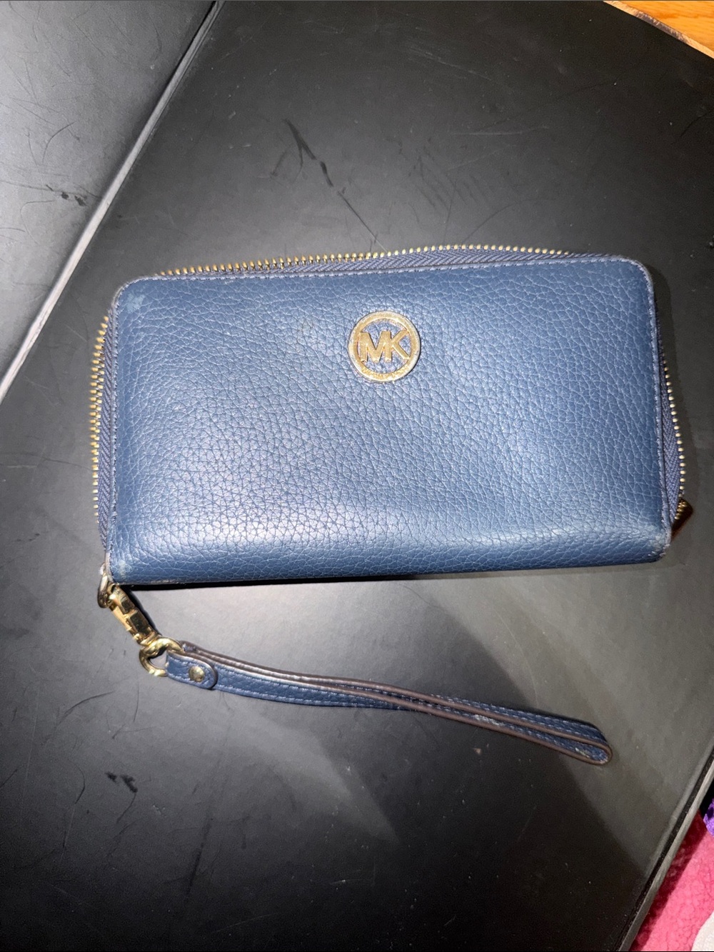 Michael Kors Navy Pebbled Leather Zip Wristlet with Gold Logo